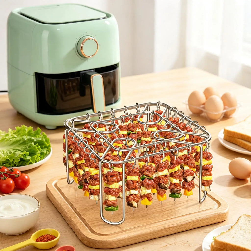 Air Fryer Rack With 40 Reusable Barbecue Skewers Stainless Steel Food Grade Reusable No Flipping Tray Air Fryer Grill Accessory