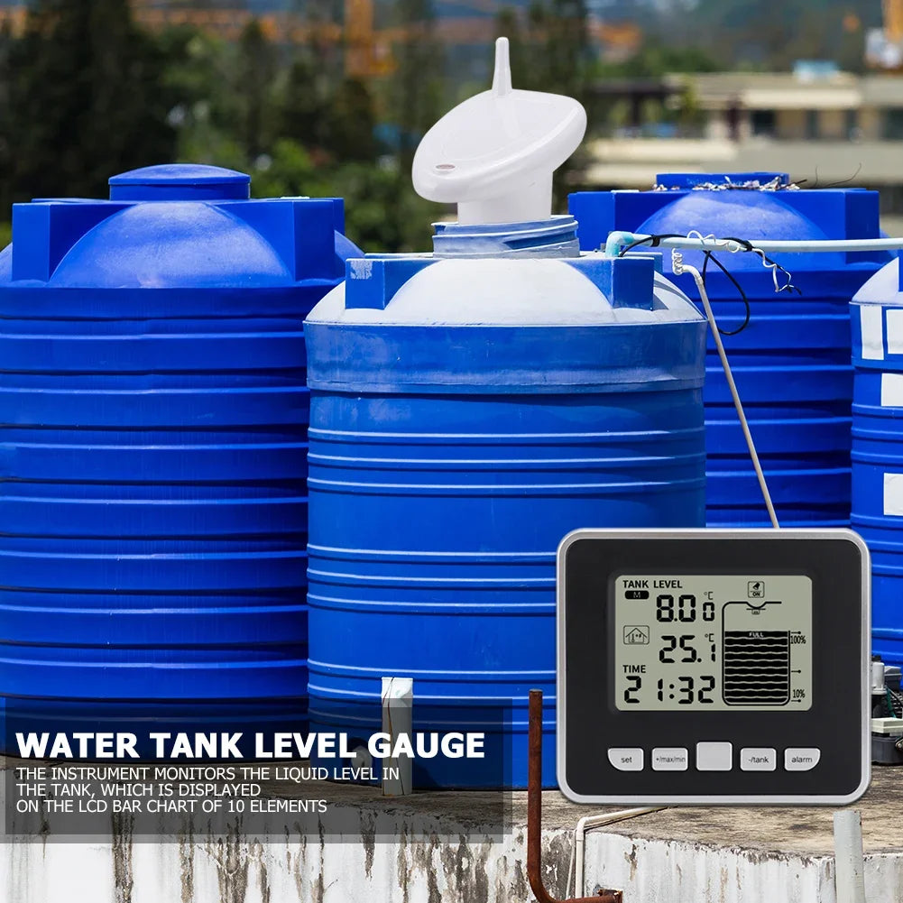 Ultrasonic Water Tank Liquid Level Meter Temperature Sensor Time Display W/ Alarm Ultrasonic Water Tank Liquid Depth Level Meter