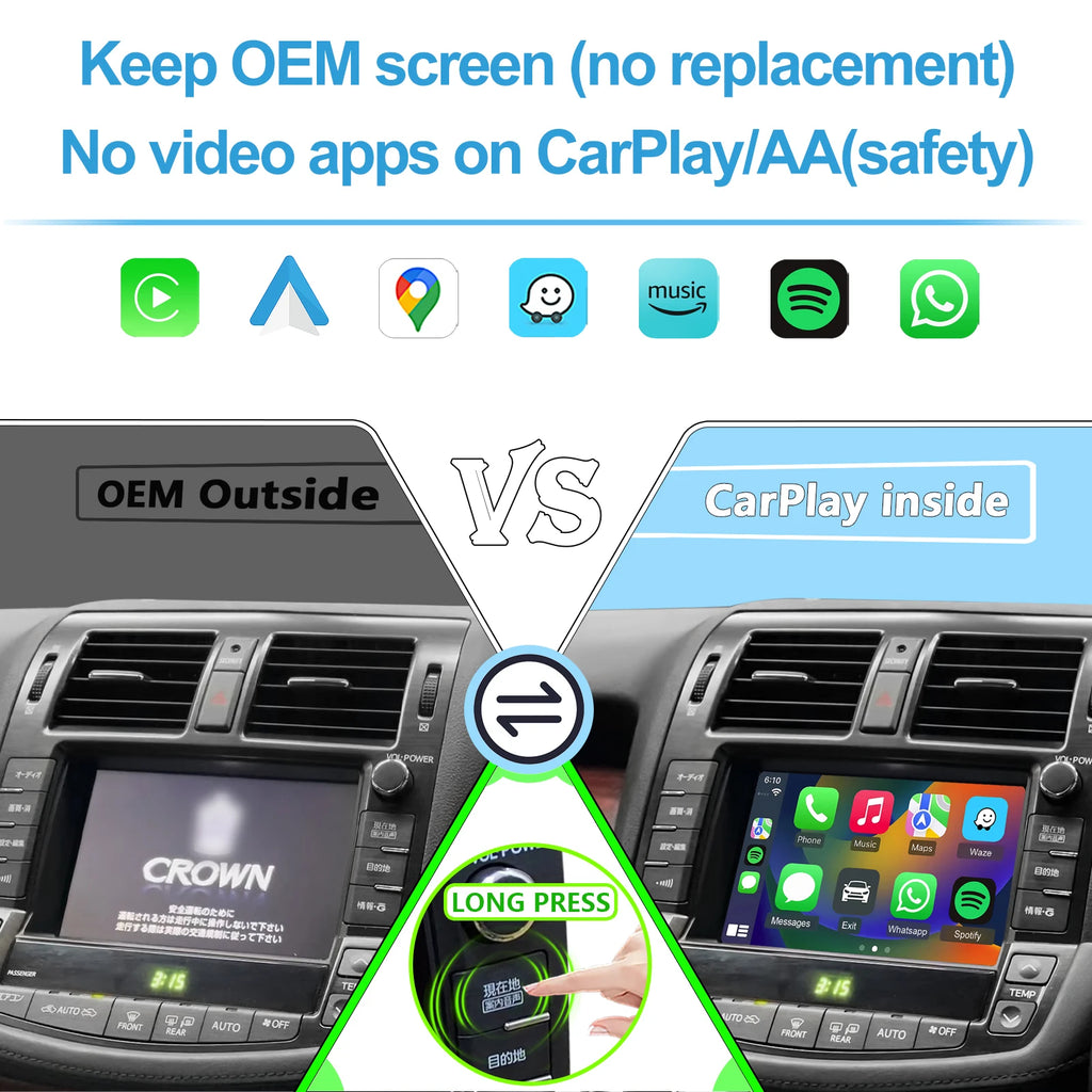 Wireless CarPlay & Android Interface for TOYOTA Crown 2008-2012, Fit GRS200 GRS201 GRS202 GRS203 GRS204 GWS204 URS206 UZS207