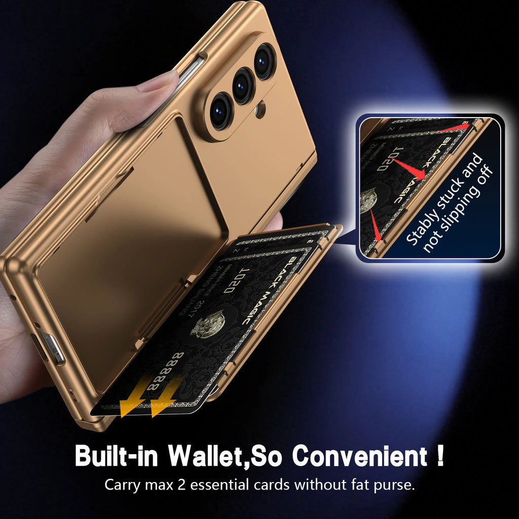 Hinge Wallet Card Slot Bracket Phone Case for Samsung Galaxy Z Fold 5 6 7 8Ultra with Screen Glass Protect Film S Pen Slot Cover