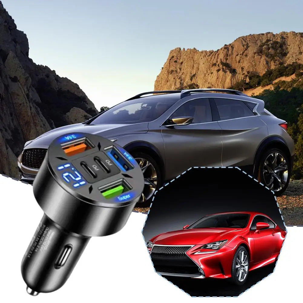 66W Car Charger QC 3.0 USB Type-c Quick Charging 5-Port USB A+USB C Fast Charging Cigarette Lighter Adapter For IPhone