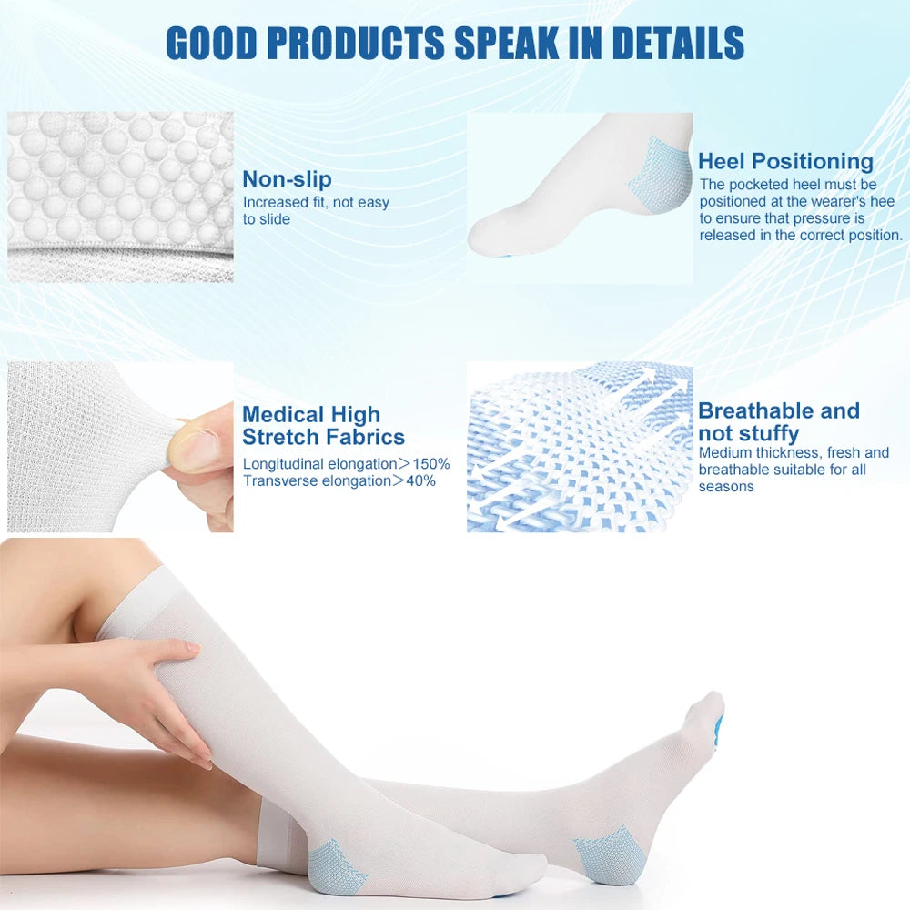 1 Pair Anti Embolism Stockings, 15-21 MmHg, Ted Hose White Compression Socks - Knee High Medical Compression Socks for Swelling