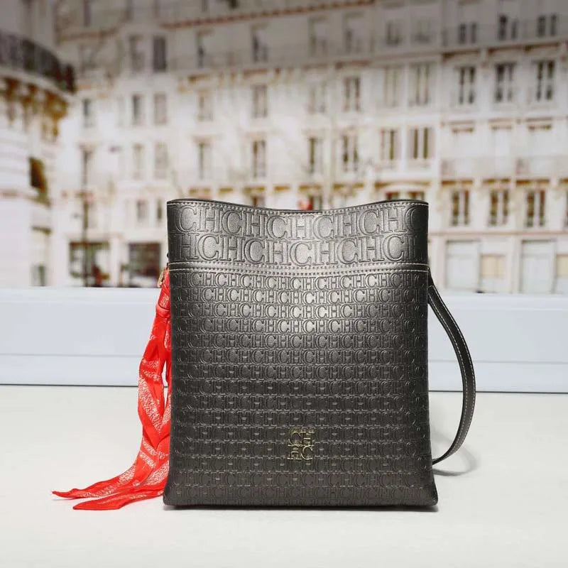 CH Bucket Bag Women Luxury Crossbody Bag Large Capacity Leather Shoulder Handbag With Silk Scarf Vintage Daily Commute Handbags