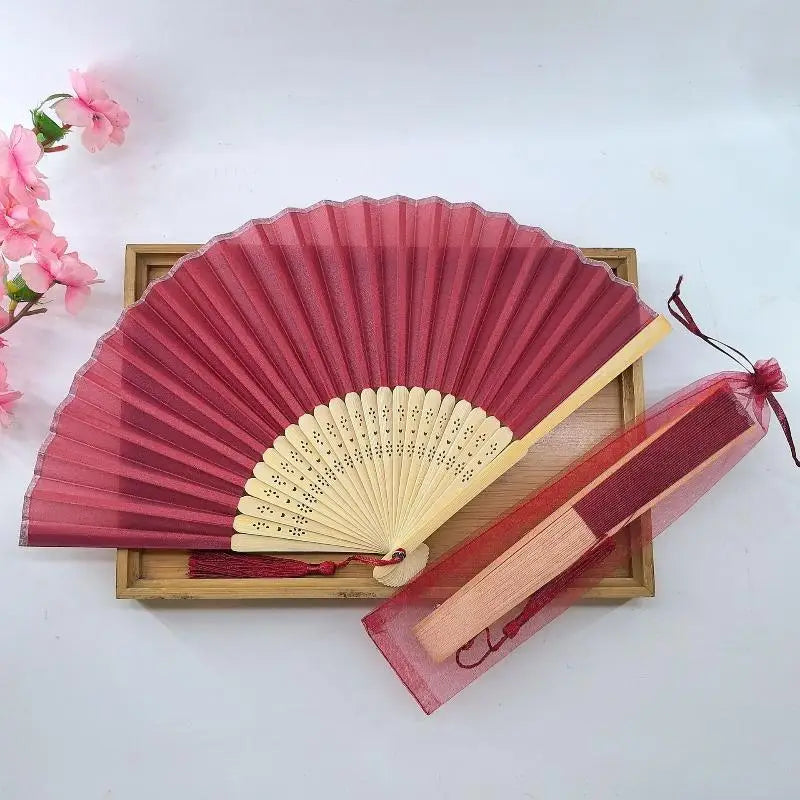 Chinese Style Folding Fan Wear Resist With Organza Bag Bamboo Hand Fan With Tassel Cooling Tool Silk Hand Fan Party Decoration