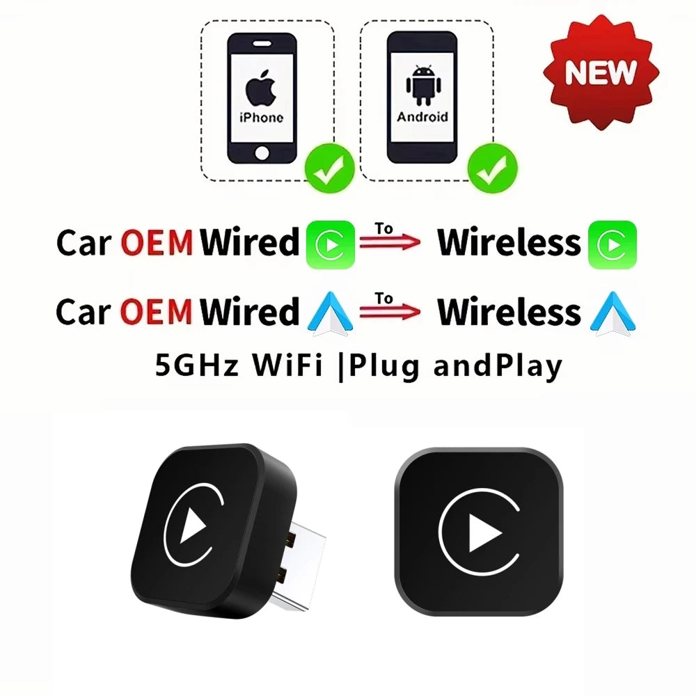 Wireless CarPlay Adapter for iPhone and Android Auto 2-in-1 USB Adapter 5.8GHz WiFi automatic connection wired to wireless
