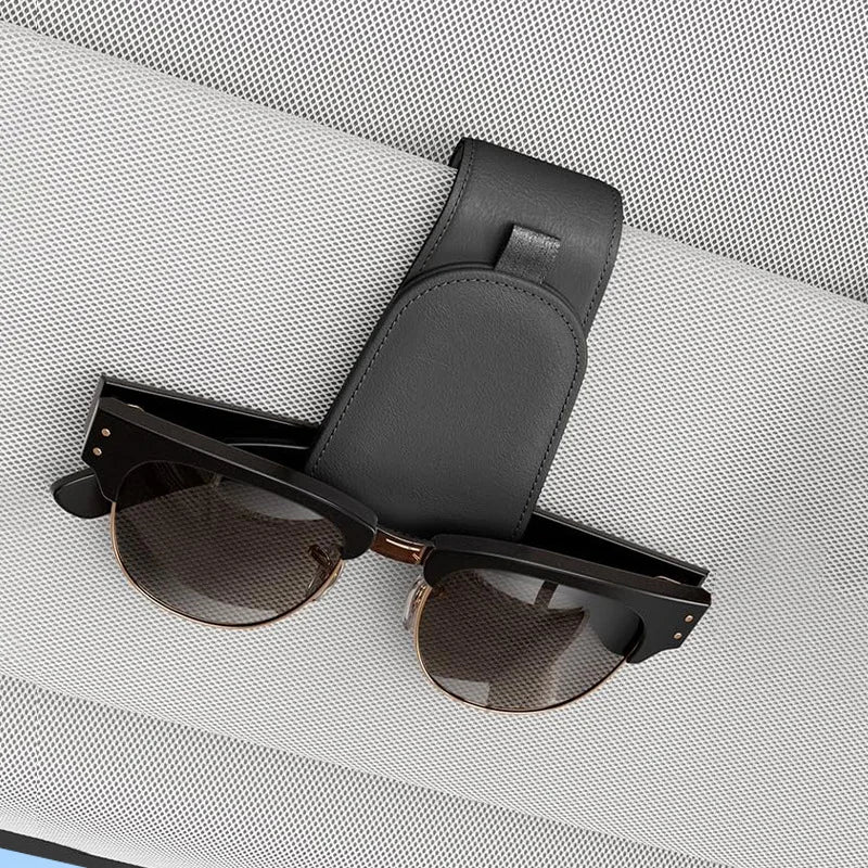 Premium Car Sun Visor Sunglasses Holder Leather Glasses Case Auto Interior Organizer Ticket Card Clip One-Hand Operation Mount