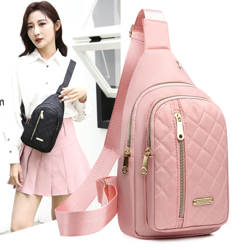 2025 New Women's Embroidered Nylon Breast Bag Fashion Versatile Embroidery Thread Grid Crossbody Bag Simple Outdoor Travel Daily
