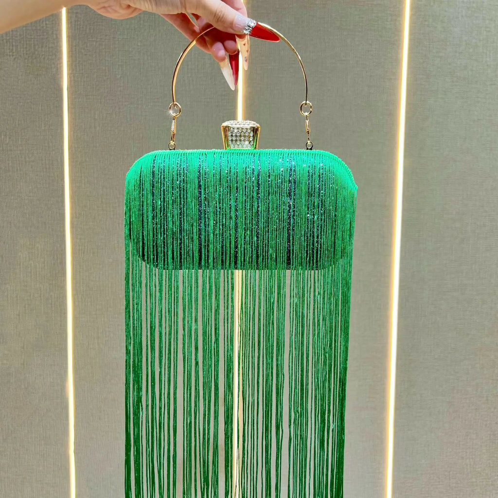 New Unique Sparkly Evening Bag with Long Tassels, Women Multi-purpose Handheld Shoulder Crossbody Purse for Formal Wedding Party