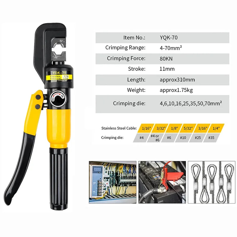 Hydraulic Crimping Tool YQK-70 Cable Lug Crimper Plier 4-70mm²  Compression Tool Pressure 8T Pressure Home Hydraulic Tools