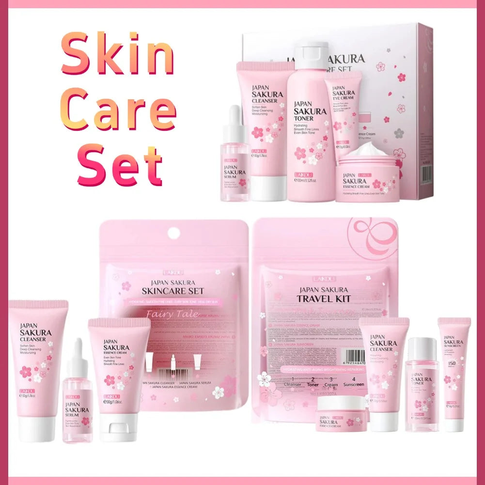 Sakura skin care sets with cleanser, serum, eye cream, facial cream, beauty products for women, travel skin care kit