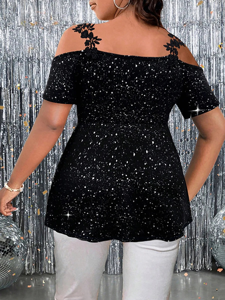 Plus Size Glitter Peplum Top Cold-Shoulder Stretchy Party Blouse Glam Evening Top