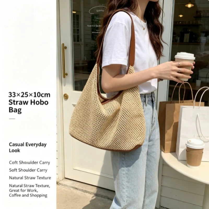 Niche Vacation Style Hand Woven Bag for Women, Summer Seaside Straw Beach Tote Bag, Versatile Commute Single Shoulder Handbag