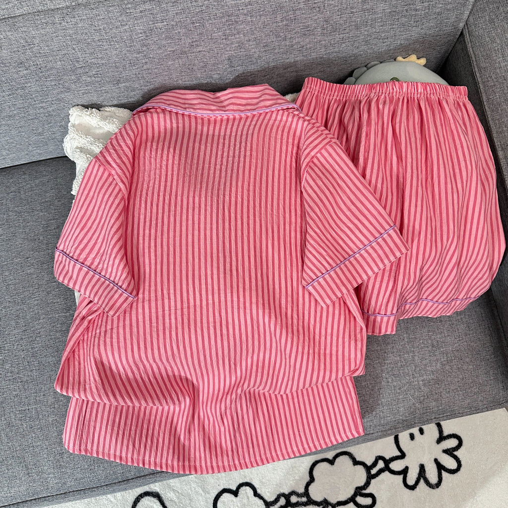 Women's Summer Pajamas, Thin Striped Pattern Short-Sleeved Shorts, Sweet and Cute, Can Be Worn Outside in Summer, Two-Piece Home Wear Set