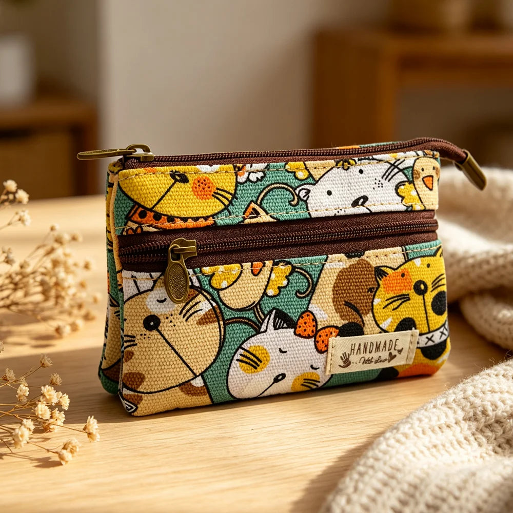 Women's short purse with cotton fabric printed design, light and fresh style, card holder, coin holder, student's small wallet