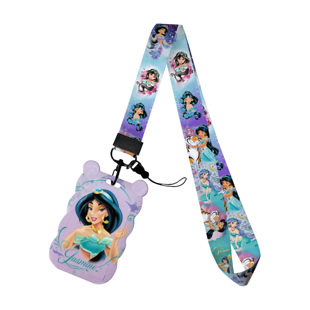 Disney Jasmine Princess Irregular Head Shape Badge Holder Lanyard Keys Chain ID Credit Card Cover Bus Card Holder Glitter Charms