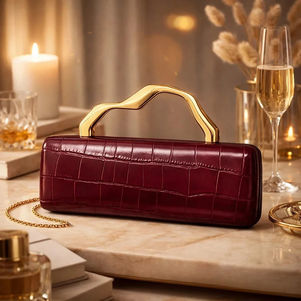 Luxury Burgundy Crocodile Pattern PU Evening Clutch with Gilded Shaped Handle for Ladies Fashionable Party Handbag