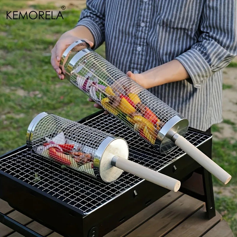 Round Barbecue Grill Basket Set, Stainless Steel Rolling BBQ Cage, Wire Mesh Cylinder Grilling Rack, Outdoor Camping Essential