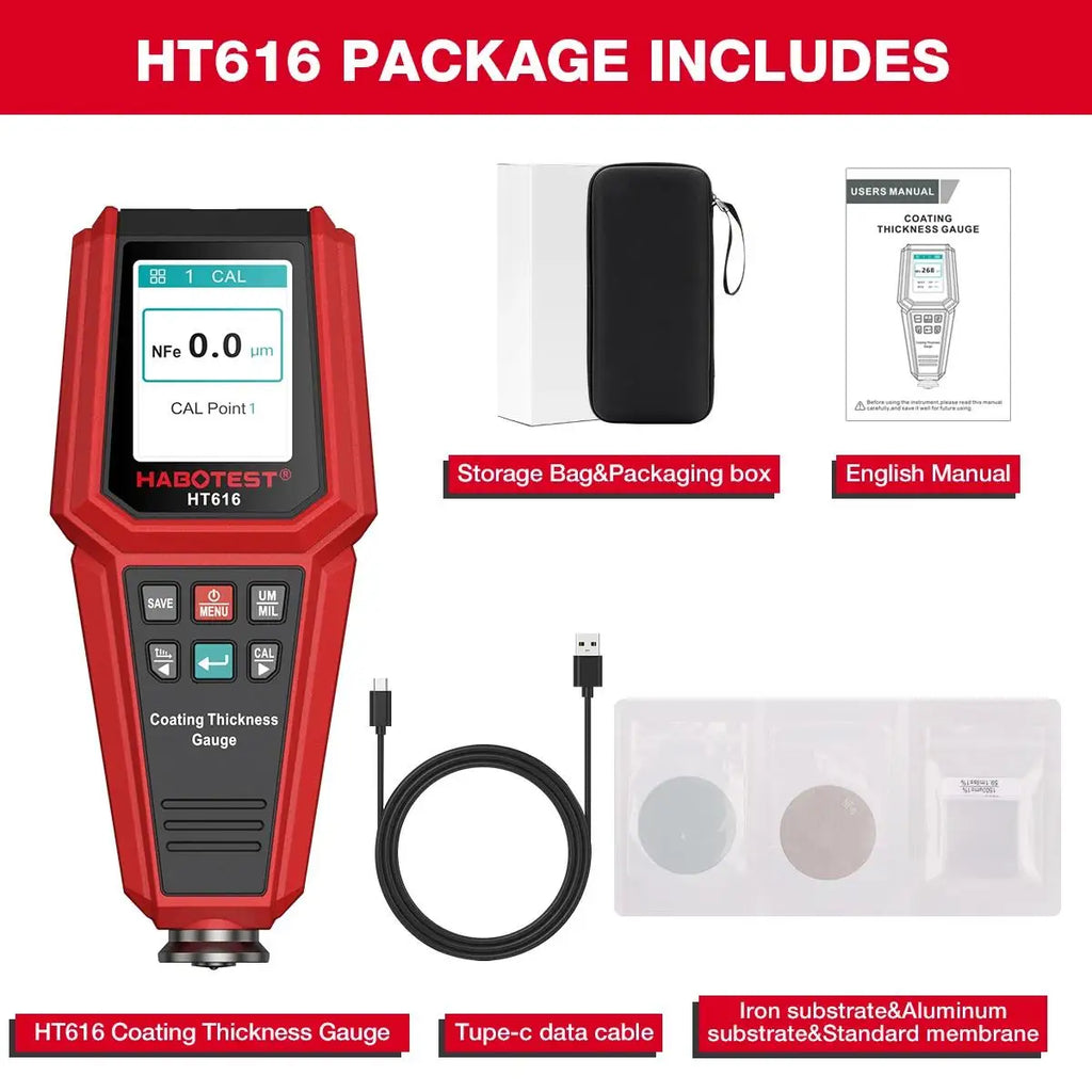 HABOTEST HT616 Digital Rechargeable Car Plating Tester Measurement Layer Film Paint Measuring Instrument Coating Thickness Gauge