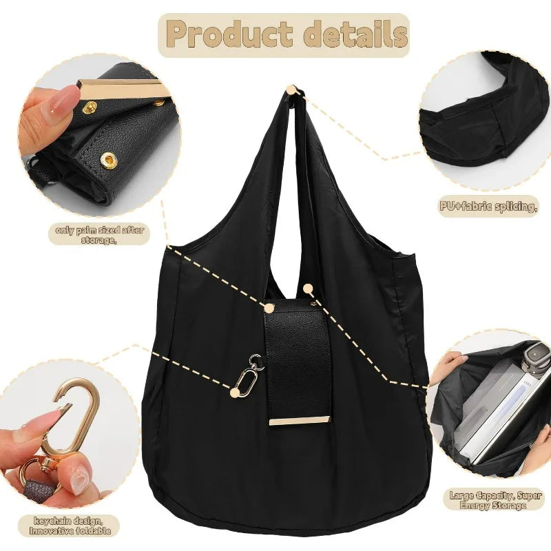 Foldable Tote Bag Women Large Capacity Shoulder Bag Portable Keychain Design Shopping Bag PU Fabric Lightweight Travel Grocery