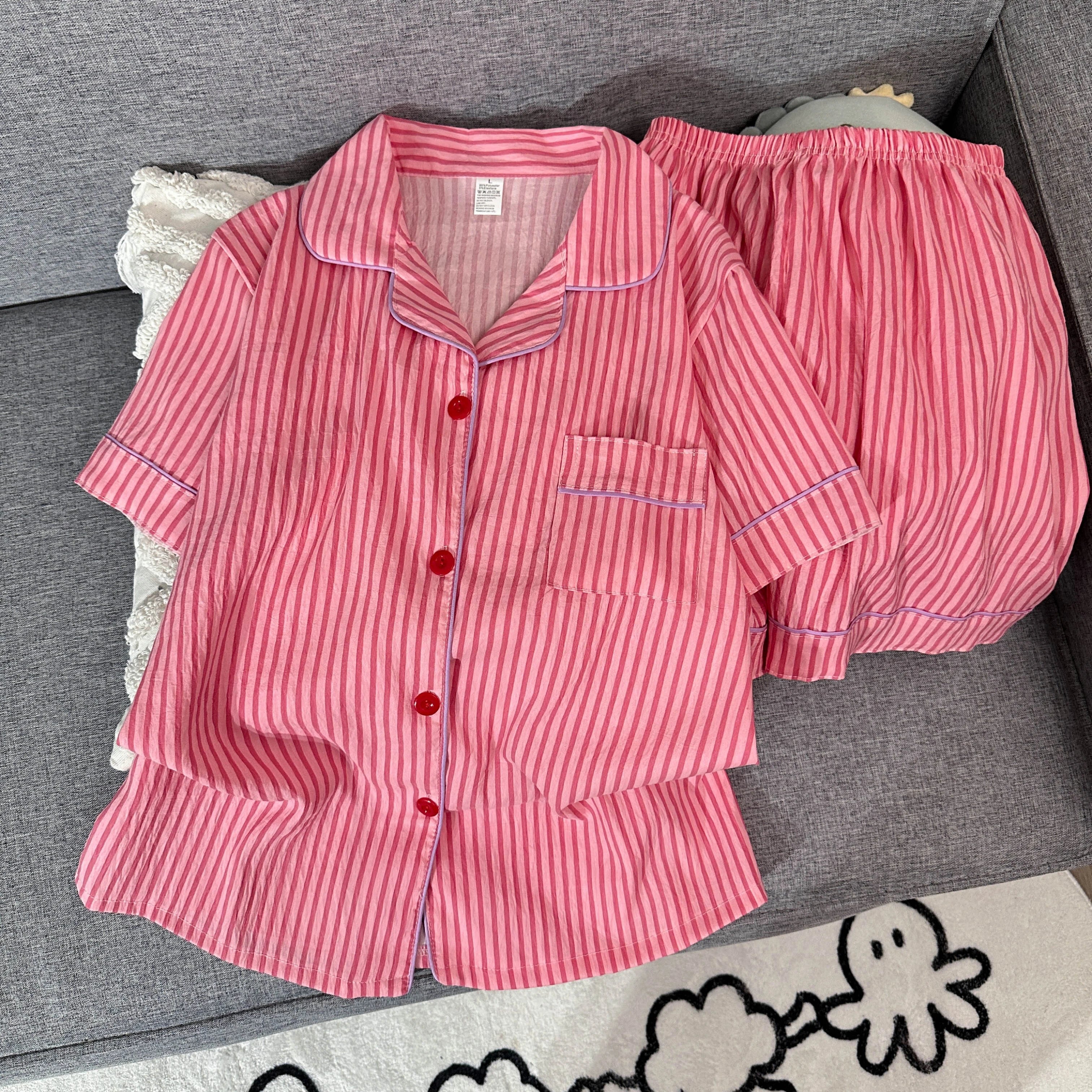 Women's Summer Pajamas, Thin Striped Pattern Short-Sleeved Shorts, Sweet and Cute, Can Be Worn Outside in Summer, Two-Piece Home Wear Set