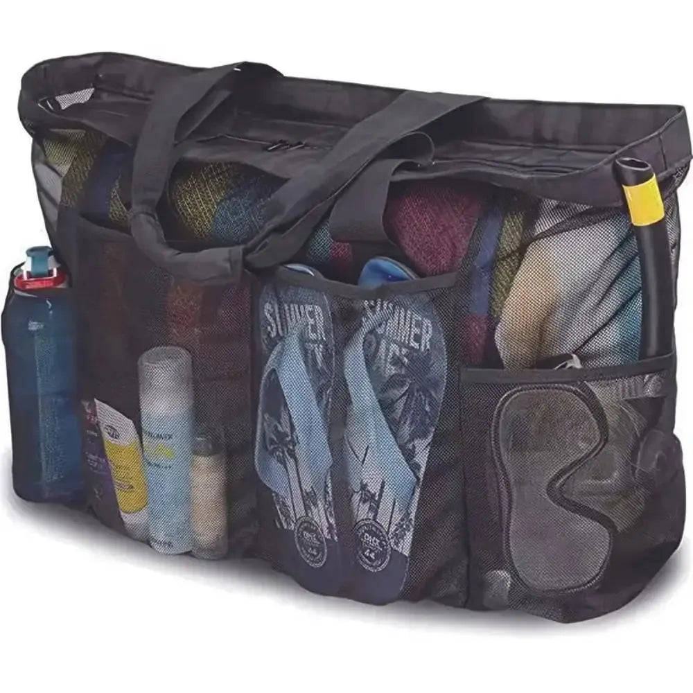 Large-Capacity Mesh Beach Handbag Drawstring Lightweight Travel Wash Tote Bag with Handle Quick Dry Portable Bath Storage Bag