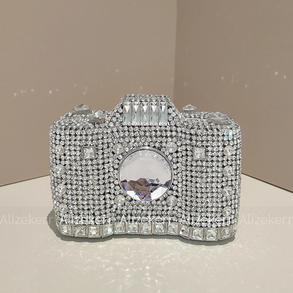 Camera Shaped Diamond Evening Clutch Bags 2024 New Boutique Novelty Metallic Rhinestone Purses And Handbags Bridal Wedding Party