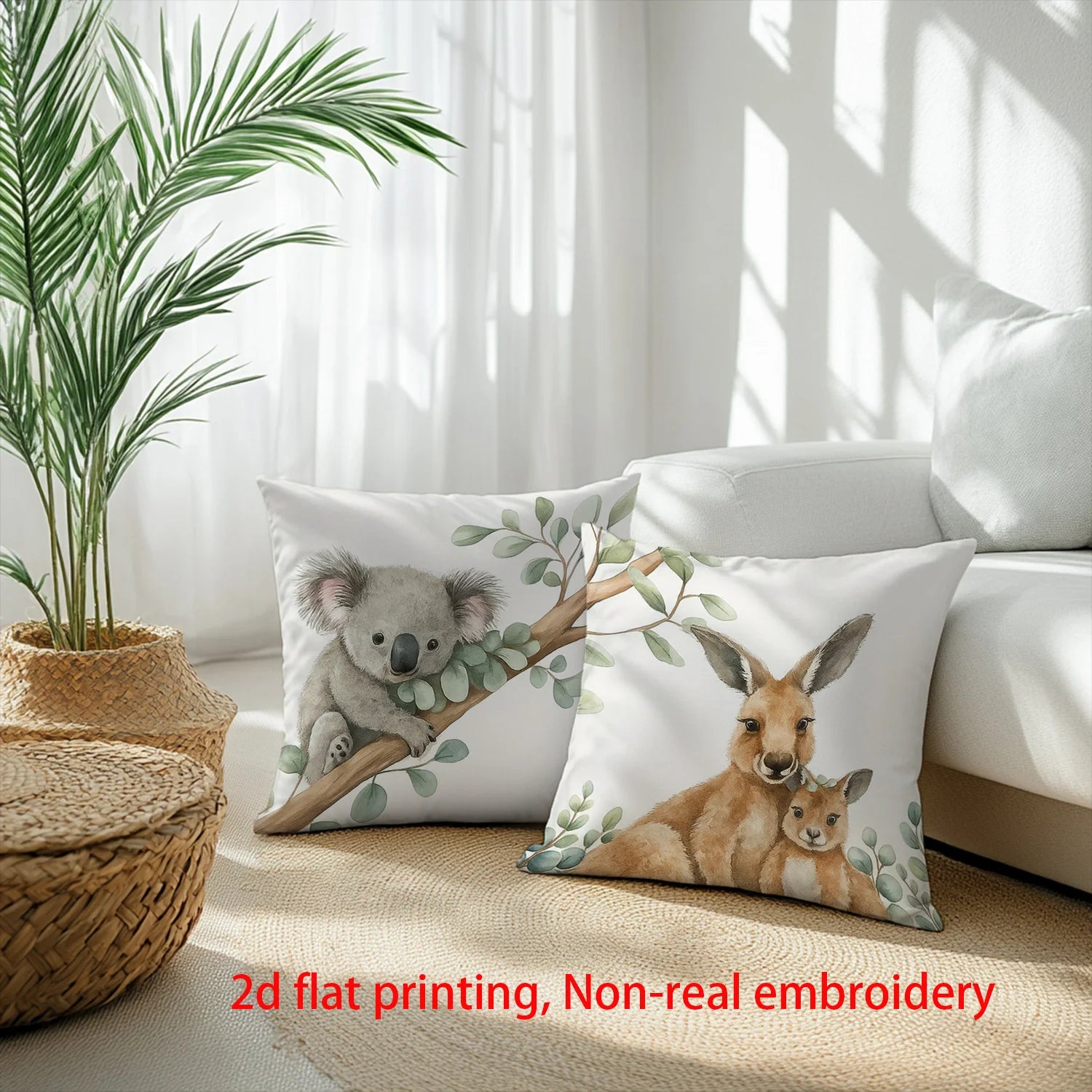 4pcs Australian Style Natural Eco-Friendly Pillowcase Set, Featuring Koalas, Kangaroos, Emus, and Wombats.
