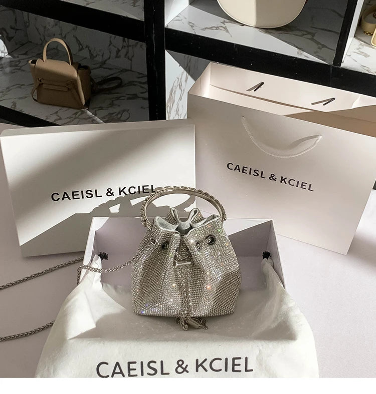 Luxury Designer Women's Handbag Rhinestones Diamonds Evening Clutch Bag Glitter Shiny Bucket Purse Wedding Party Crossbody Bag