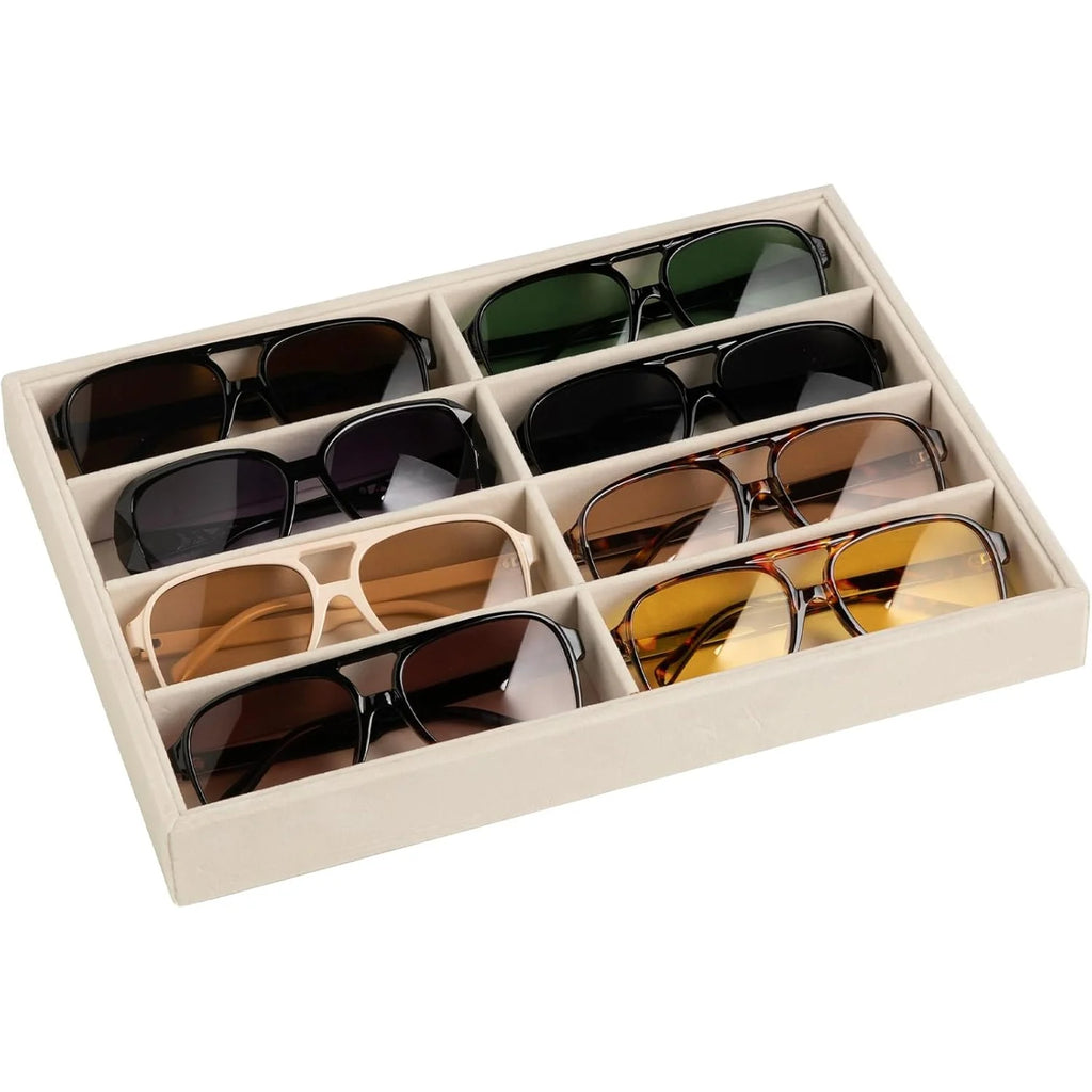 Versatile Gray Velvet Organizer Tray for Glasses, Jewelry & Watches - 8-Compartment, Stackable Display Storage Box, Jewelry Tray