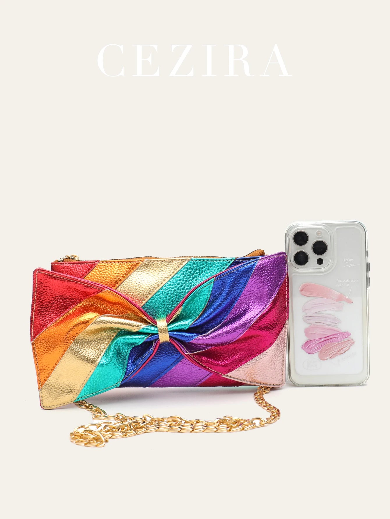 Luxury Metallic Vegan Leather Handbag Colorful Stripes Patchwork Sweet PU Bow knot Clutch Metal Chain Crossbody Bag Funky Y2K