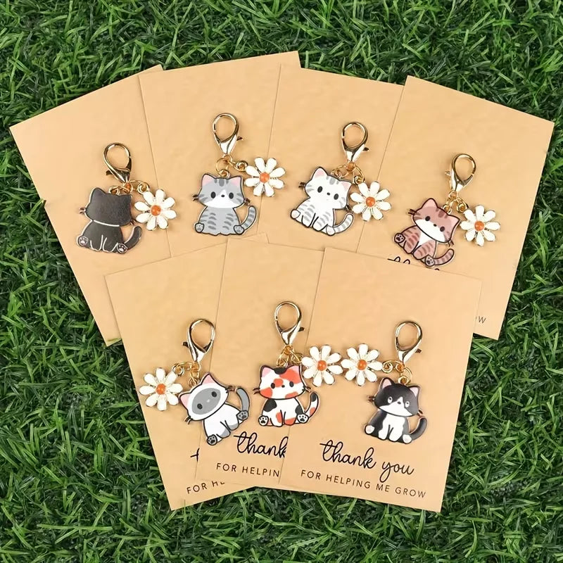 7/14-Piece Cute Cartoon Cat and Daisy Keychain Set, with Inspirational "Thank You" Cards, Stylish Animal and Floral Charms, Suitable for Car Keys and Bags — a Thoughtful Gift for Family and Friends