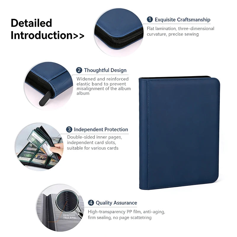 9/12 Pocket Leather Trading Card Album Folder - 360/480 Side Loading Pocket Binder Full Zipper for Game Cards & Sports Cards