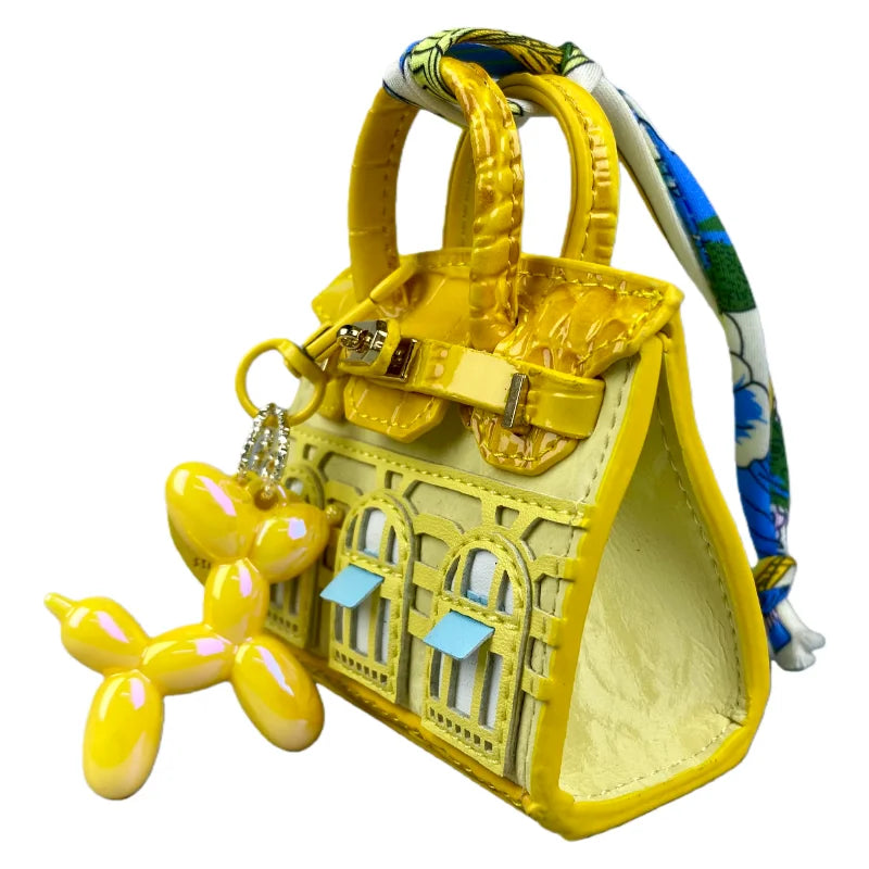 Handcrafted Mini House-Shaped Handbag with Puppy Keychain Suede Touch Bag Charm Purse Accessory for Earphones Coins Lipsticks