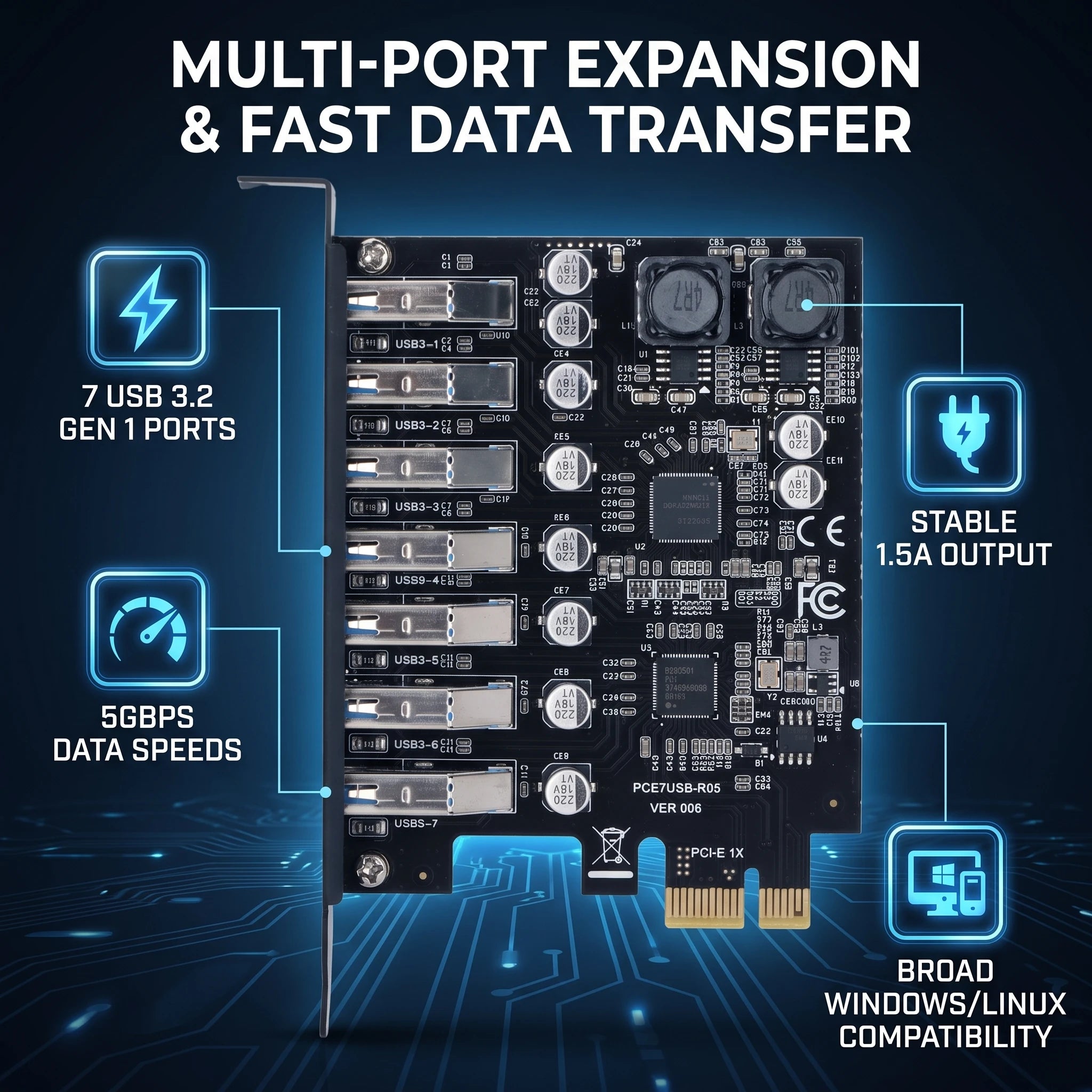 7 Port PCIE Expansion Card 7 Ports USB 3.2 GEN1 5Gbps High Speed Transmission Stable Power USB 3.2 GEN1 Front Expansion Card