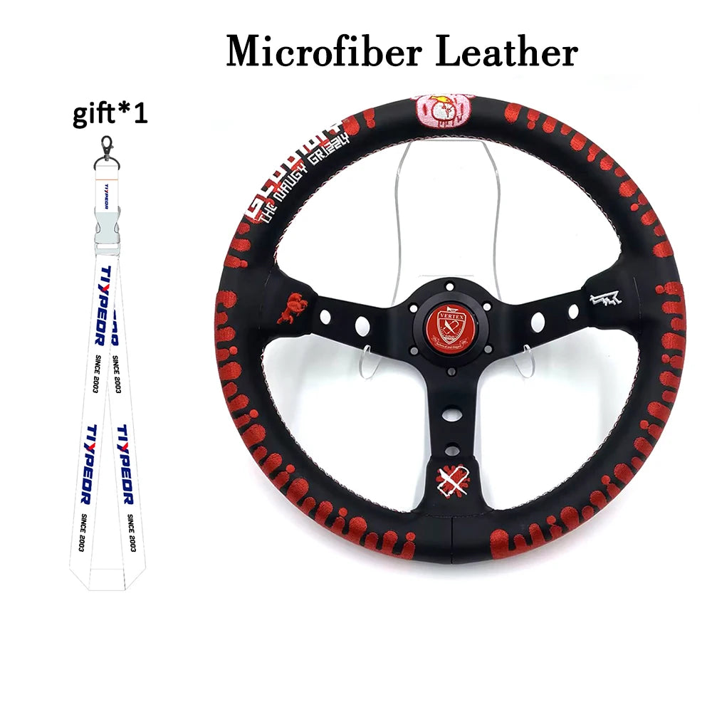 VERTEX Universal Racing Steering Wheel Black Spoke Suede Embroidered Sports Steering Wheel With 6 Holes