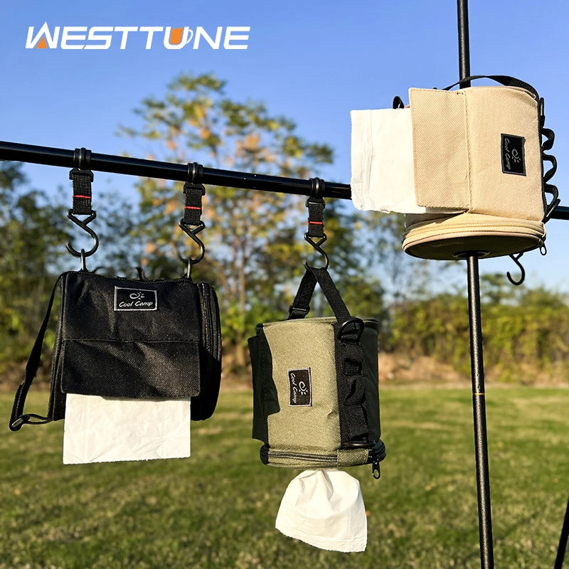 WESTTUNE Outdoor Tissue Case Portable Roll Paper Storage Bag with Hook Hanging Napkin Holder Travel Toilet Paper Storage Box