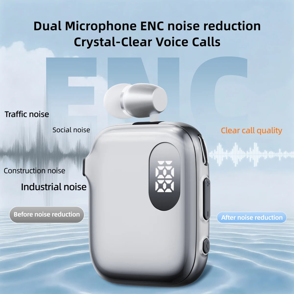 90H Playtime Bluetooth Headset V6 ENC Noise Canceling LED Power Display Retractable Lapel Clip Earphone for Meeting Driving K91