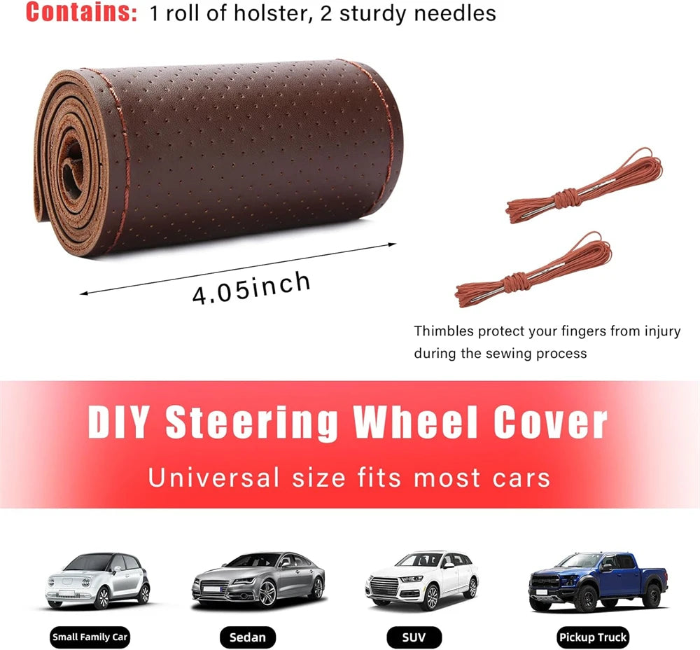Universal Braid Steering Wheel Cover 38cm Leather Hand Sewing Steering Wheel Cover Genuine Cowhide Leather with Needles Thread