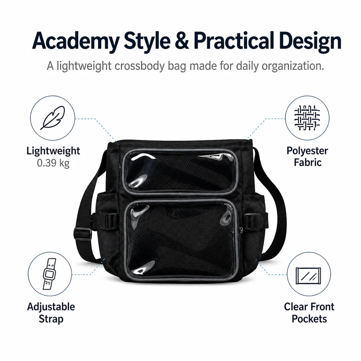 Academic Style Crossbody Bag Lightweight Polyester Shoulder Sling Bag for Daily Use School Travel Black / White / Blue / Green