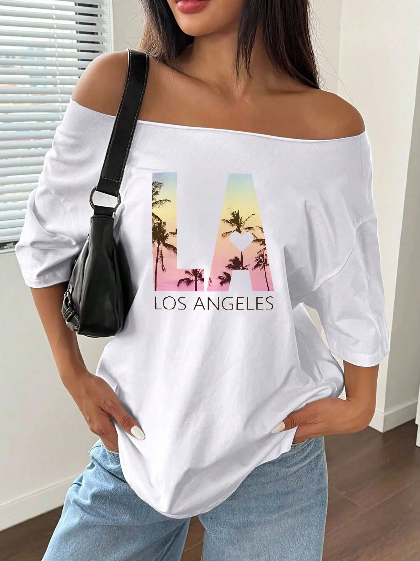100% Cotton Plus Size Los Angeles Palm Tree Sunset Graphic Shoulder Loose Print T-Shirt Oversized Y2K Style Graphic Tees Wome