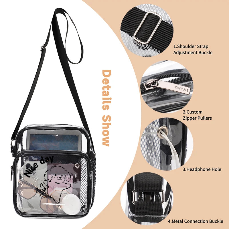 TINYAT PVC Clear Messenger Bag Women Transparent Shoulder Bag Waterproof Crossbody Bag for Music Concert Sports Race
