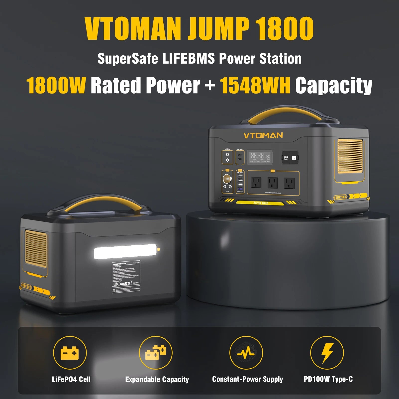 VTOMAN JUMP 2200 / JUMP 1800 Portable Power Station 828/1548Wh LiFeP04 Battery Solar Generator Solar for Home Outdoor Camping