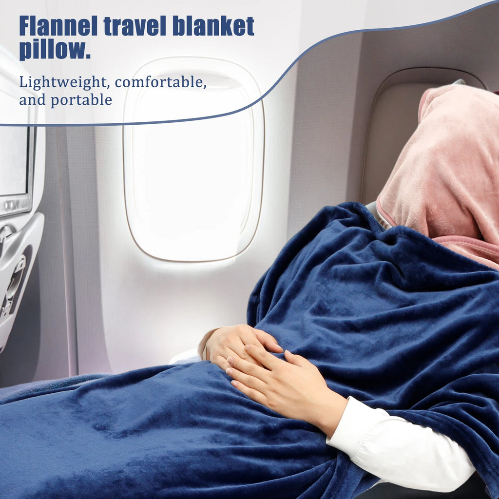 Portable Travel Blanket Soft Flannel Airplane Blanket Foldable 2 In 1 Travel Pillow and Blanket Set Plane Car Travel Accessory