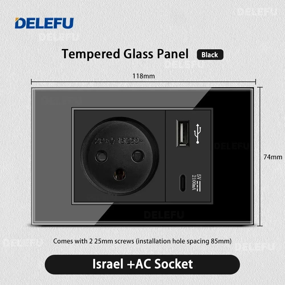DELEFU Black Tempered Glass Israel USB Type C Fast Charging Wall Socket Light Tuya Wifi Smart Switch Sat TV Tel Doorbell Curtain
