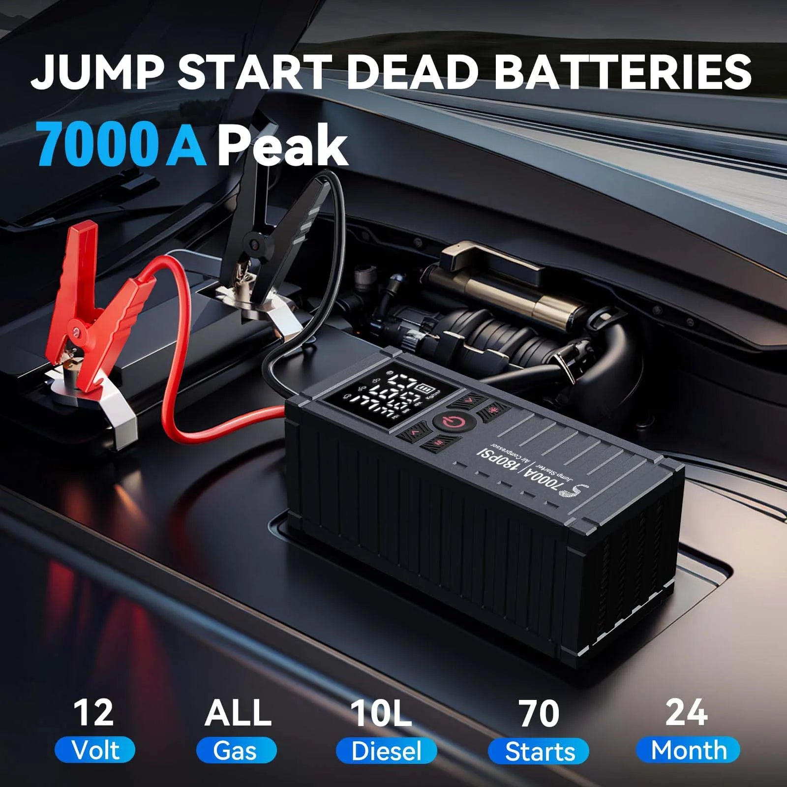 Jump Starter with Air Compressor, 7000A 180PSI Car Battery Jump Starter Jump Box (All Gas/12.0L Diesel), Battery Charger, LED