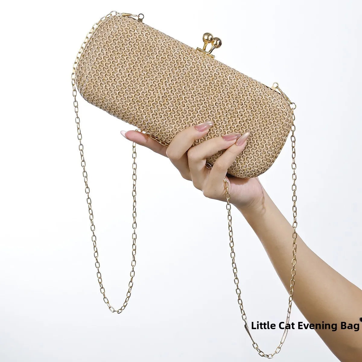 Elegant Woven Clutch Bag for Women Metal Buckle Party Dinner Beach Handbag Polyester Pure Color Fashionable round Box Shape