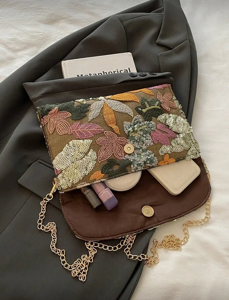 Sequin Embroidered Floral Envelope Bag, Women's Fashionable Sequin Patchwork Clutch Bag, Party Evening Bag, Irregular Cut Design, Suitable for Women, Ideal for Parties, Weddings, Balls, Perfect for Parties, Weddings, Ball Din