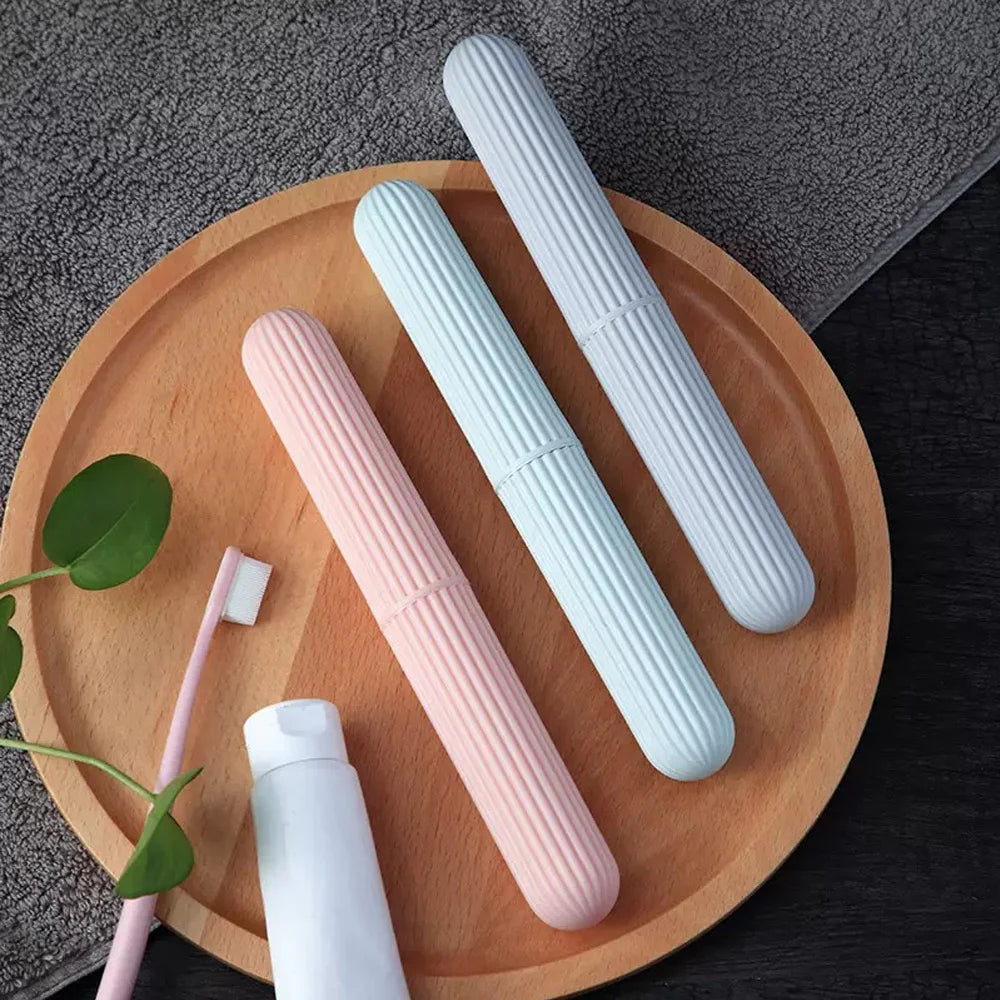 Portable Travel Toothbrush Case - Compact Plastic Holder with Simple Stripes for Bathroom Camping Daily Use