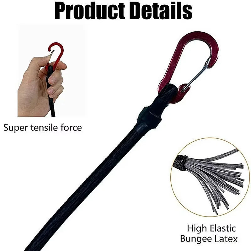 For Camping Tent, Suitcase, Bicycle, Cooler - Heavy Duty Rope & Safety Hook Locks, Adjustable Elastic Strap 8mm Bungee Cord