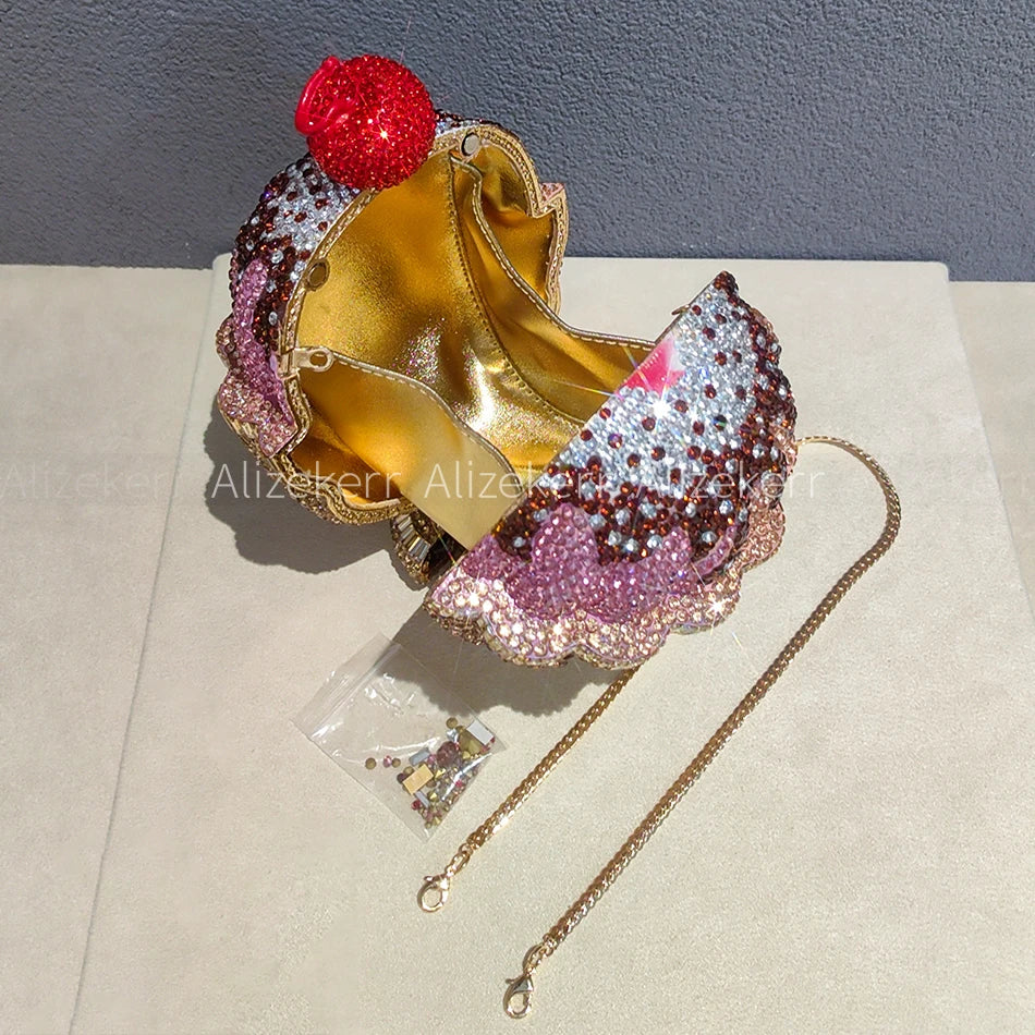 Alizekerr Ice Cream Cup Rhinestone Clutch Bag Women Luxury Cute Metallic Shiny Crystal Sundae Evening Purse Prom Wedding Events